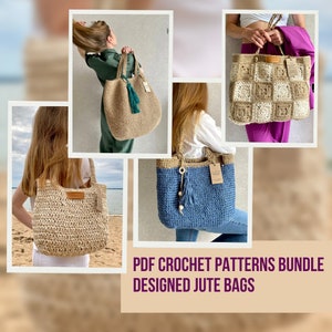 Crochet Jute Bag Pattern Bundle Reusable Grocery Bags, Extra Large Crochet Jute Beach Bag, Bundle of Crochet Bag Patterns