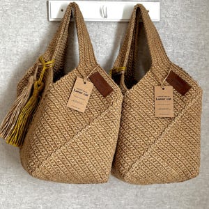 Handmade Crochet Jute Tote Bag, Square Design image 8