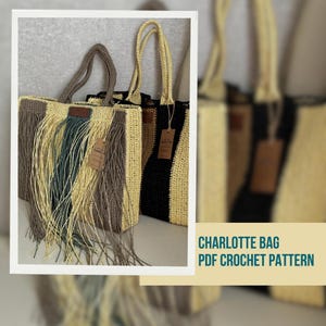 May include: Two crocheted tote bags with fringe detailing. One bag is black and cream striped, the other is brown, cream, and green striped. The bags are labelled "Charlotte Bag PDF Crochet Pattern".