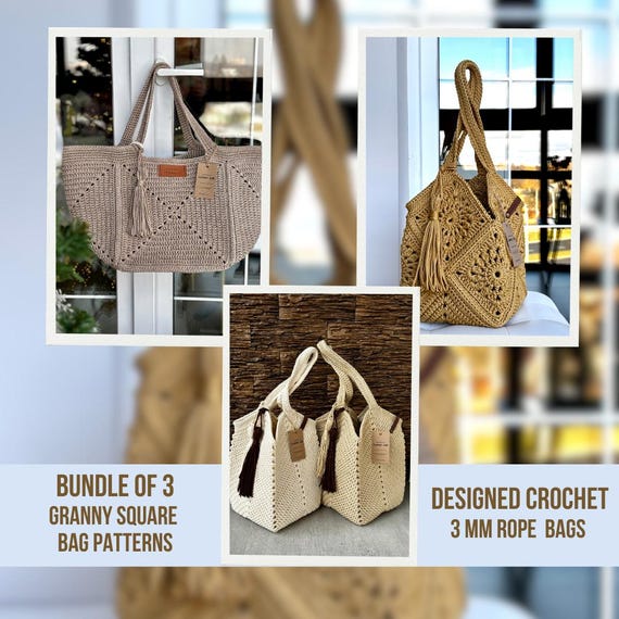 Crochet Granny Square Bag Pattern, 3 mm Polyester Rope Tote Designes (PDF tutorial)