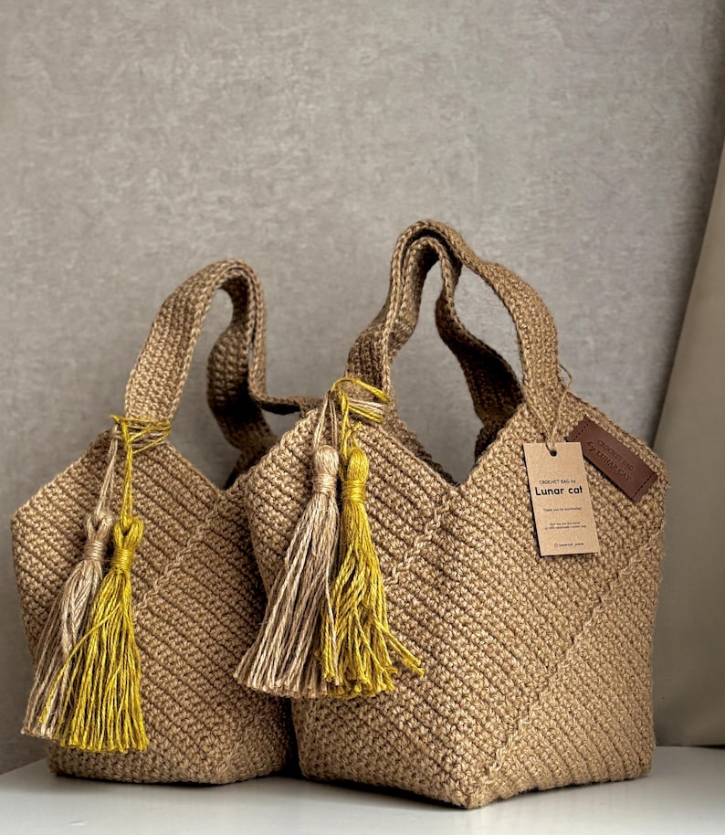 Handmade Crochet Jute Tote Bag, Square Design image 6
