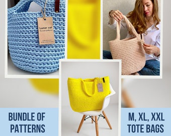 Crochet Tote Bag Pattern Bundle: Reusable Grocery Bags (PDF Pattern), M-XXL Sizes