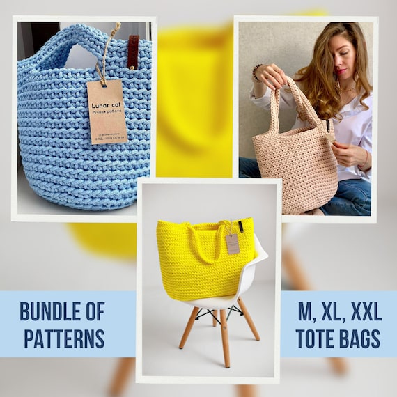Crochet Tote Bag Pattern Bundle: Reusable Grocery Bags (PDF Pattern), M-XXL Sizes
