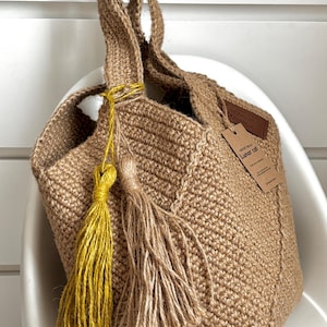 Handmade Crochet Jute Tote Bag, Square Design image 3