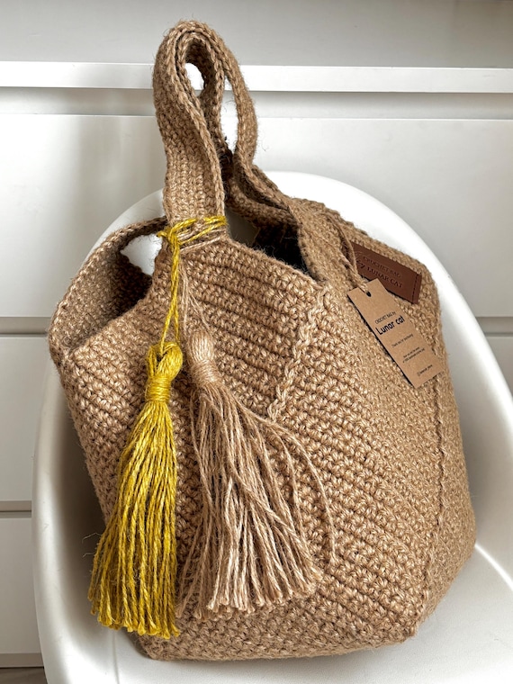 Handmade Crochet Jute Tote Bag, Square Design