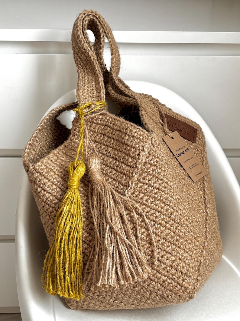 Handmade Crochet Jute Tote Bag, Square Design image 3