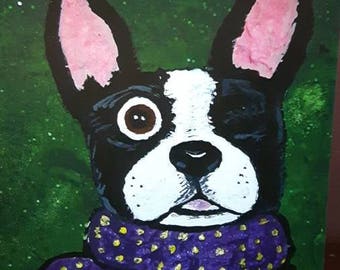 One eyed Boston Terrier Christmas card. Winter greeting card.