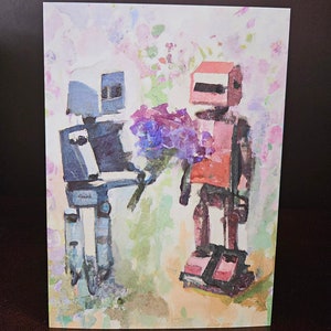 Roboter geben Blumen Karte