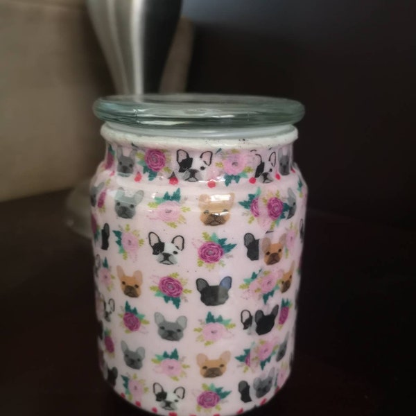 French bulldog themed Large Glass jar- decoupage