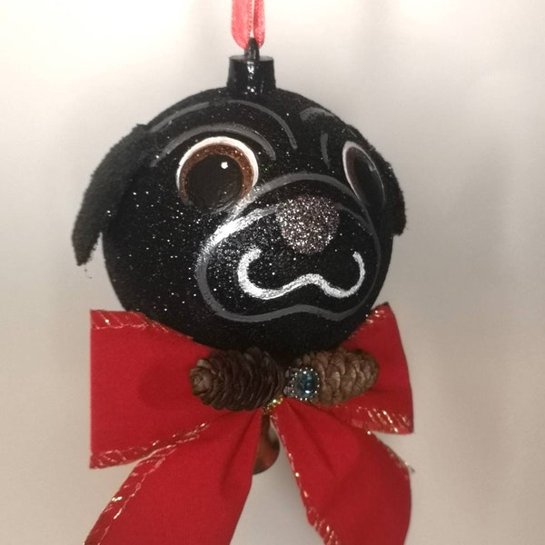 Sparkling Black Pug Ornament with Red bow and Bell