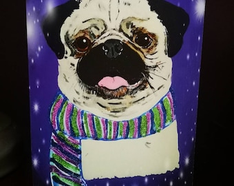 Pug Christmas card. Winter greeting card.