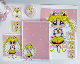 Kawaii Notizblock Note Sailor Moon Collegeblock, Memo A5, Postkarte, Sticker, Button, Lesezeichen Set