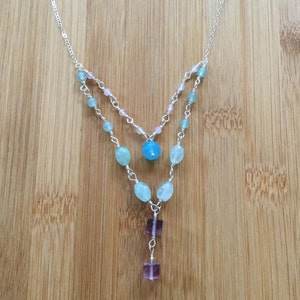 Multi Strand Fluorite Necklace, Sterling Silver Necklace, Blue Chalcedony, Rose Quartz, Boho Statement Necklace image 3