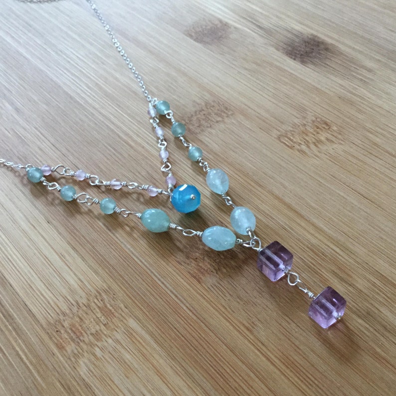 Multi Strand Fluorite Necklace, Sterling Silver Necklace, Blue Chalcedony, Rose Quartz, Boho Statement Necklace image 2