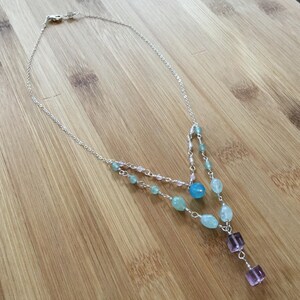 Multi Strand Fluorite Necklace, Sterling Silver Necklace, Blue Chalcedony, Rose Quartz, Boho Statement Necklace image 4