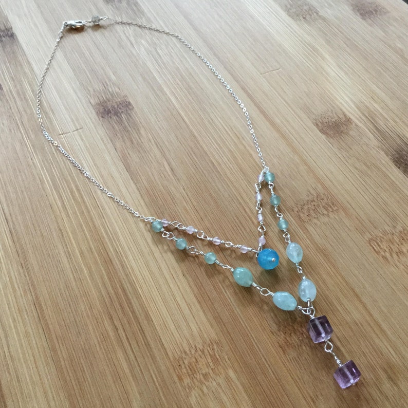 Multi Strand Fluorite Necklace, Sterling Silver Necklace, Blue Chalcedony, Rose Quartz, Boho Statement Necklace image 4