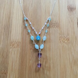 Multi Strand Fluorite Necklace, Sterling Silver Necklace, Blue Chalcedony, Rose Quartz, Boho Statement Necklace image 1