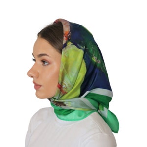 Green Large hair silk scarf Colorful Square  Pure Silk Scarf Handmade design silk scarf Hijab Beautiful Gift for her
