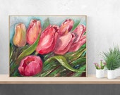 Large Canvas Wall Art Pink Tulips Painting Original Oil Painting on Canvas Original Oil Artwork for Bedroom  Living Room wall art decor