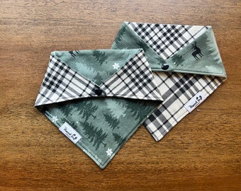 Winter Pines Flannel Dog Bandana // Plaid Dog Bandana //Reversible Dog Bandana // Green Winter Dog Bandana // Cream Plaid Dog Bandana