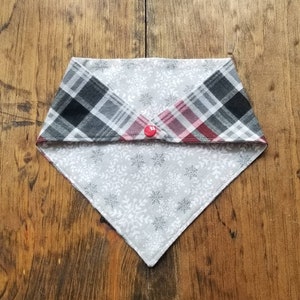 Snowflake Flannel Dog Bandana // Winter Dog Bandana // Red Grey Plaid // Plaid dog Bandana // Grey Plaid