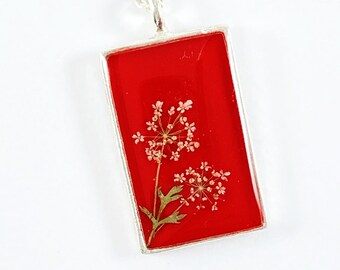 Red rectangle necklace with Queen Anne's lace and fern