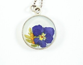 Blue viola yellow palm flowers fern on white resin in circle frame necklace real flower pendant floral gift for her