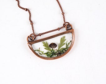 Mushroom necklace fern moss copper horizontal half oval nature pendant woodland jewelry nature inspired mushroom lover gift for her