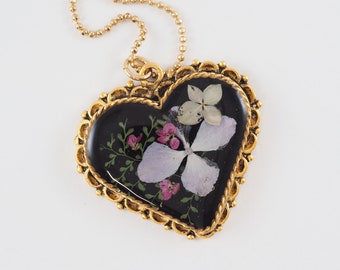 Lavender hydrangeas necklace pink alyssum fern pendant black resin background in gold bezel nature inspired botanics in resin gift for her