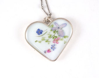 Pale blue flower heart necklace lavender hydrangea blue lace flowers pink alyssum fern pendant flower lover gift for Mom flower fern jewelry