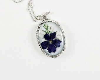 Dark blue verbena necklace orlaya flower fern white resin ornate silver oval pendant real dried flower jewelry gift for her nature inspired