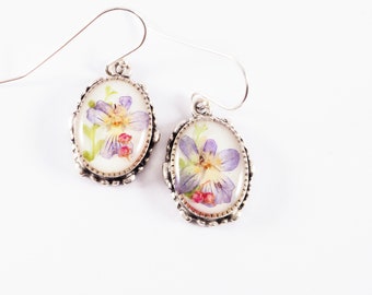 Tiny violet fern astilbee bud earrings botanicals on white resin nature lover gift Victorian pendants romantic jewelry for her