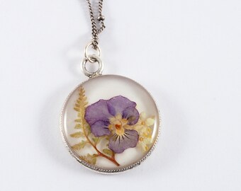 lavender viola yellow bedstraw flower fern on white resin in silver circle necklace