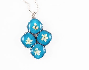 Blue necklace elderflowers silver four-section bezel white flowers blue clay flower lover gift for her