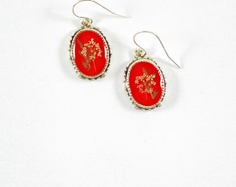 Queen Anne's lace and fern earrings botanicals on red resin nature lover gift Victorian dangle earrings romantic jewelry for her