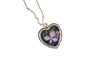 Lavender hydrangea necklace fern pink white alyssum black resin silver heart pendant flower fern jewelry Victorian jewelry gift for her