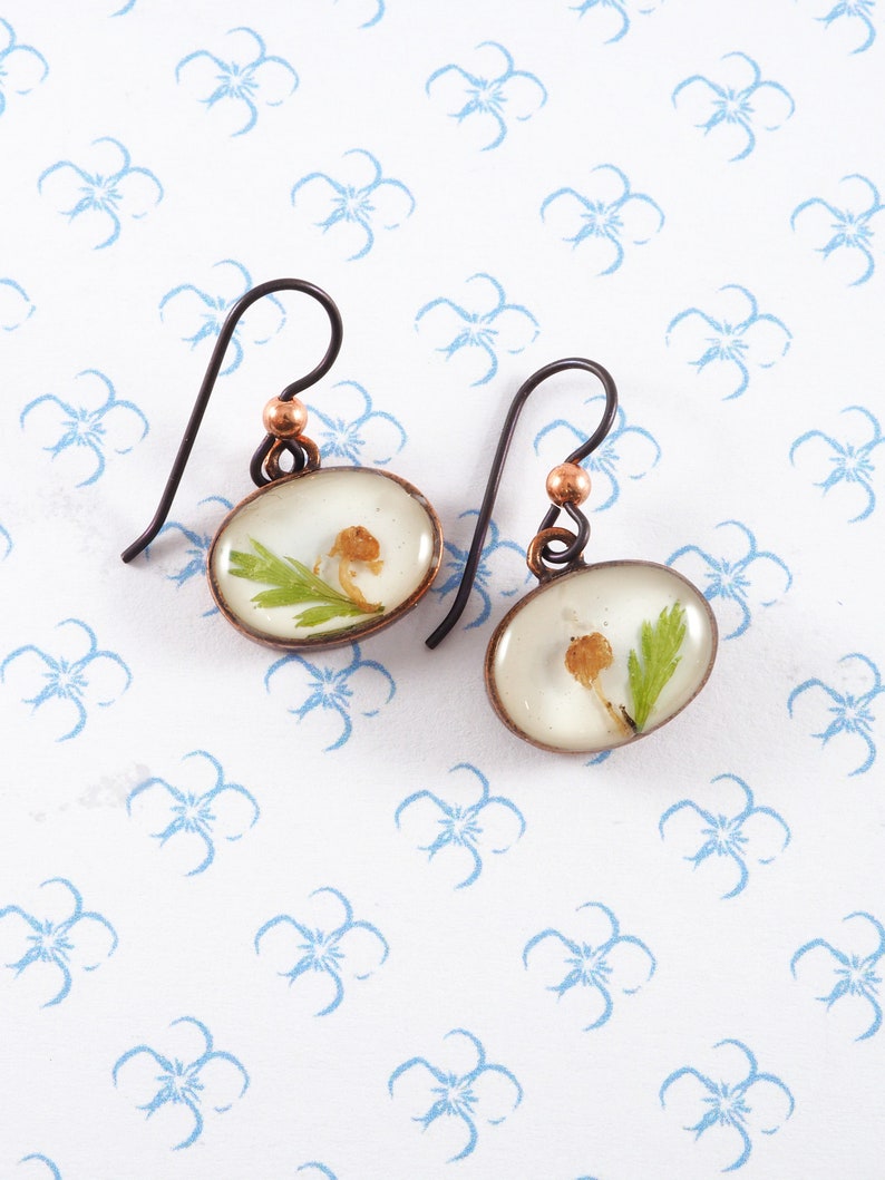 Tiny mushroom fern earrings copper oval dangles nature inspired organics in resin mushroom lover gift woodland earrings terrarium jewelry image 2