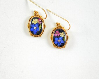 Gold earrings with forget-me -nots pink alyssum and elderflowers in ornate gold bezel earrings nature lover gift Victorian pendants