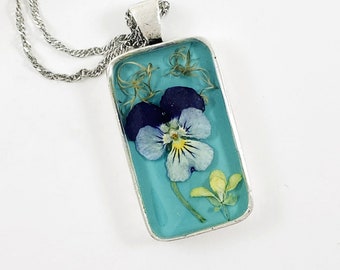 Viola necklace silver mound with yellow flower on turquoise resin pendant botanics in resin nature inspired gift Victorian jewelry