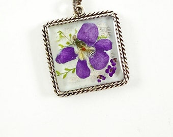 Violet fern purple alyssum necklace ornate square on white resin nature inspired purple flower lover gift for her dried viola jewelry