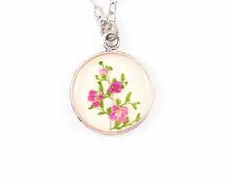 Pink alyssum fern necklace nature inspired jewelry pink pendant flower lover gift for her bridesmaid gift  Mother's Day gift simplicity