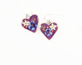 Forget-me-not earrings elderflowers fern astilbe buds on purple resin in silver heart dried real flower jewelry nature inspired gift for her