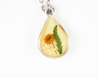 Tansy flower necklace with leaf elderflowers yellow resin in silver tear drop pendant yellow white jewelry nature lover gift for her