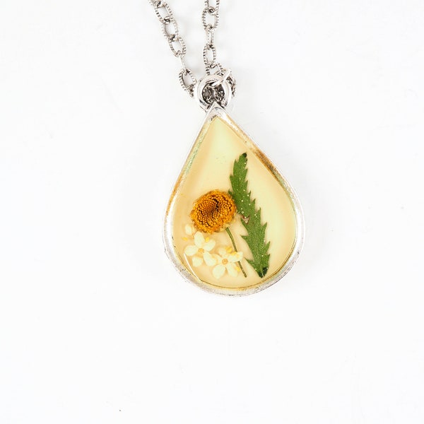 Tansy flower necklace with leaf elderflowers yellow resin in silver tear drop pendant yellow white jewelry nature lover gift for her