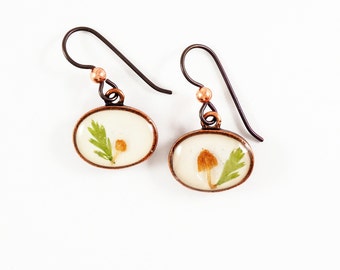 Tiny mushroom fern earrings copper oval dangles nature inspired  organics in resin mushroom lover gift woodland earrings terrarium jewelry