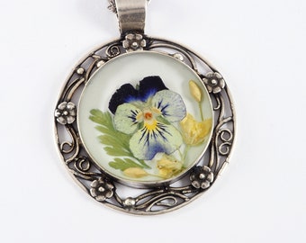 Viola fern necklace ornate silver pendant white resin viola lover necklace botanics in resin purple flower gift Lady's bed straw flower