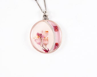 Pink coral bell necklace divided circle pendant cream pink clear resin flower lover gift pink botanics in resin Mother's Day gift