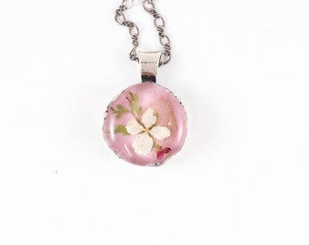 White hydrangea fern pink necklace astilbe buds white pink pendant nature inspired flowers in resin ornate vine and flower bezel girl gift