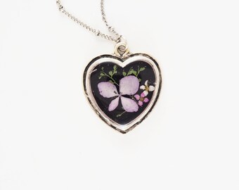 Lavender hydrangea necklace fern pink white alyssum black resin silver heart pendant flower fern jewelry Victorian jewelry gift for her