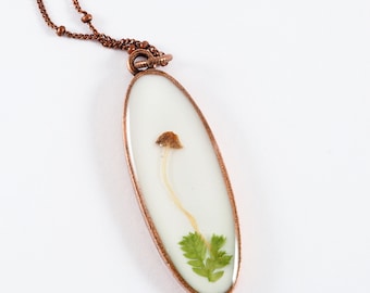 Mushrooms moss on ivory background copper bezel necklace woodland pendant gift for her terrarium jewelry fairy garden nature inspired